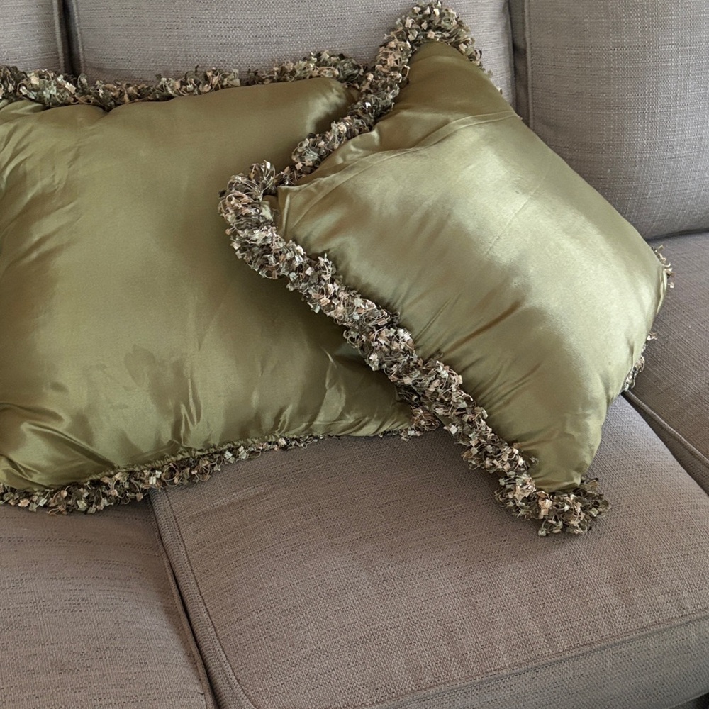 Elegant Olive Satiny Pillows with Fringe